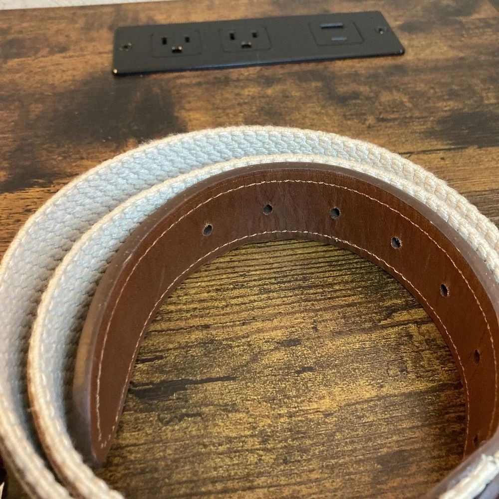 Tommy Bahama Belt Men XL Reversible Braided Woven Leather Trim Fish Logo Stretch